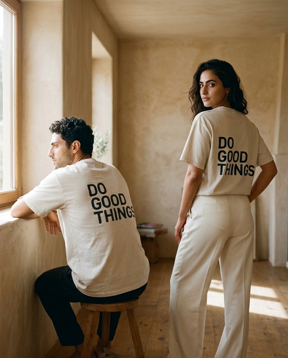 Two people wearing Do Good Things tees
