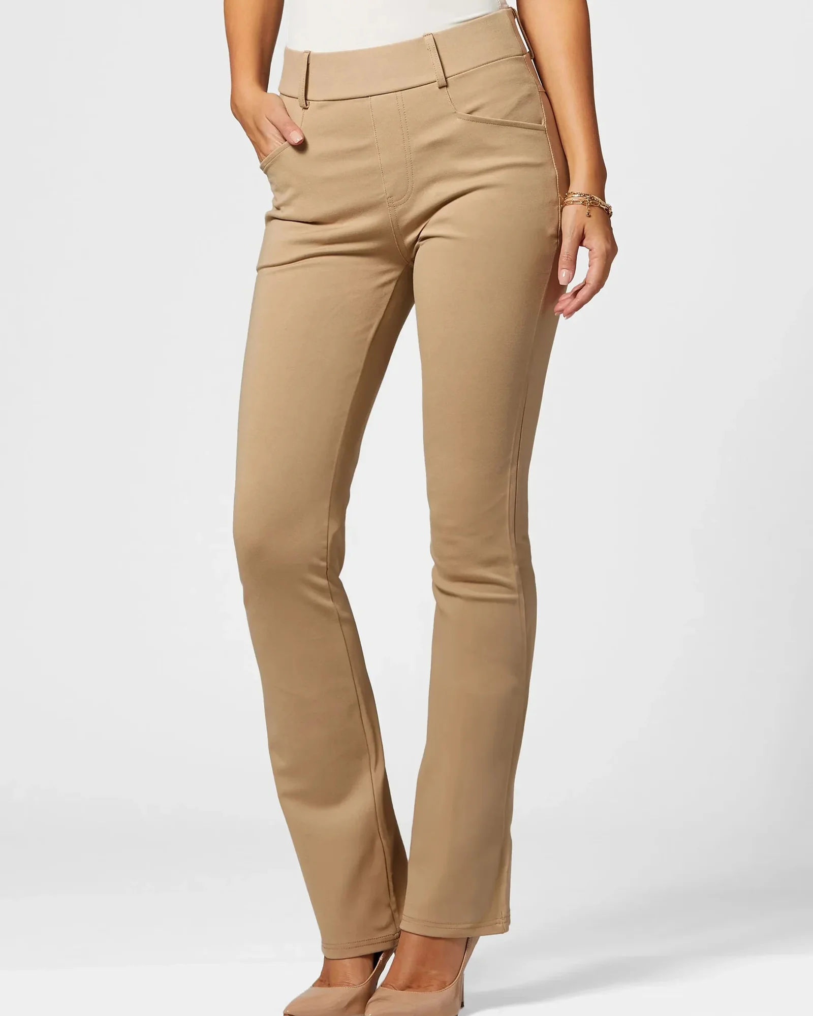 On-model — bootcut dress pant, khaki