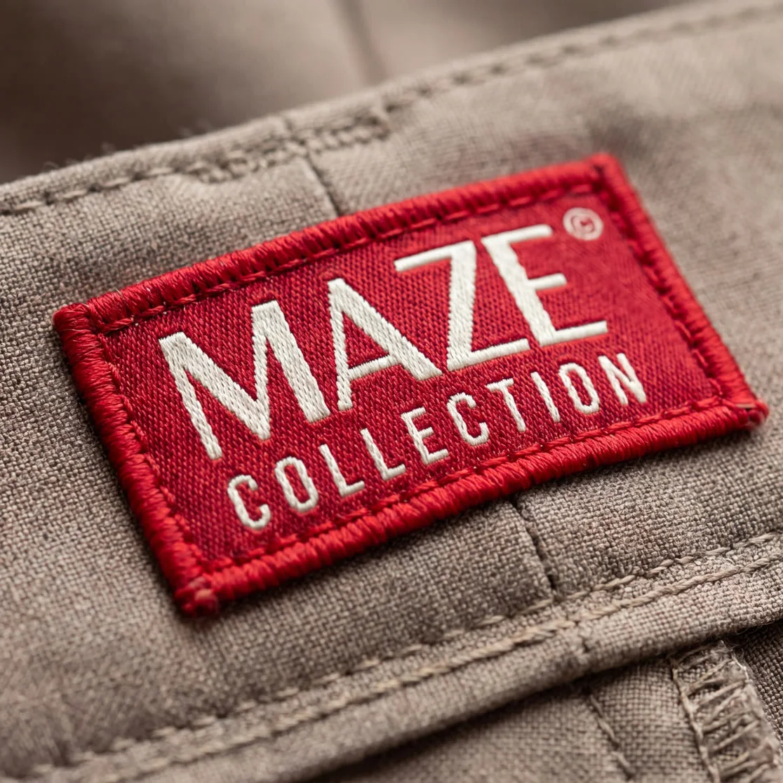 Woven-tag macro — the red label